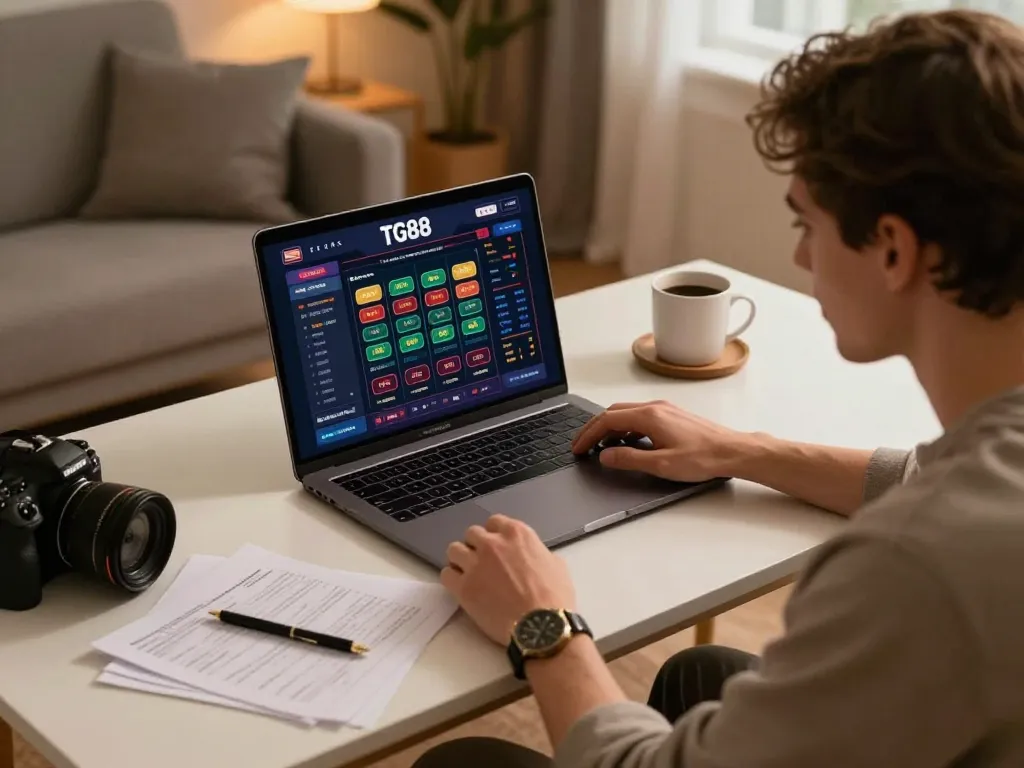 Engaged user analyzing betting strategies on TG88 online casino platform with stylish setup.