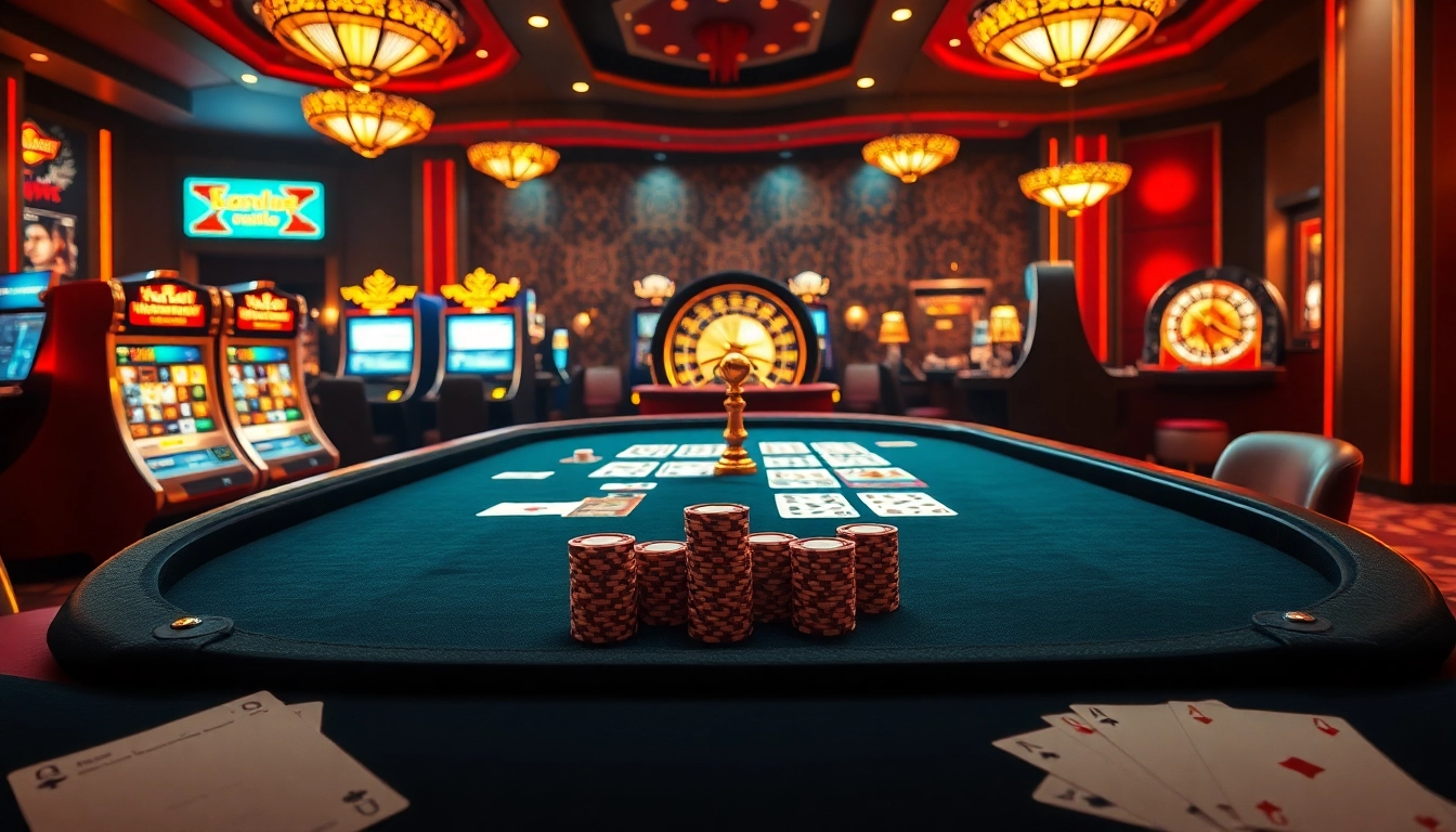 Engaging casino action scene with XX88 poker table and vibrant slot machines.