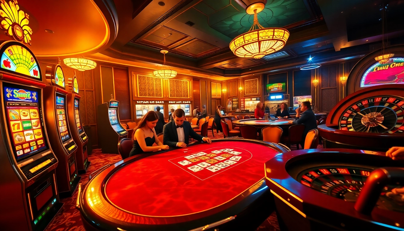 Experience thrilling gameplay at winstrike69 with vibrant roulette and slot machines in a luxurious casino setting.