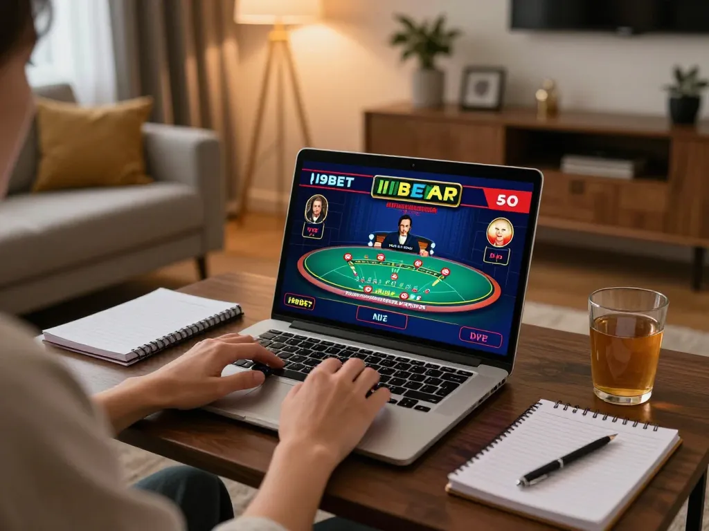 I9BET gaming experience at home, featuring live dealer blackjack on a laptop in a cozy setting