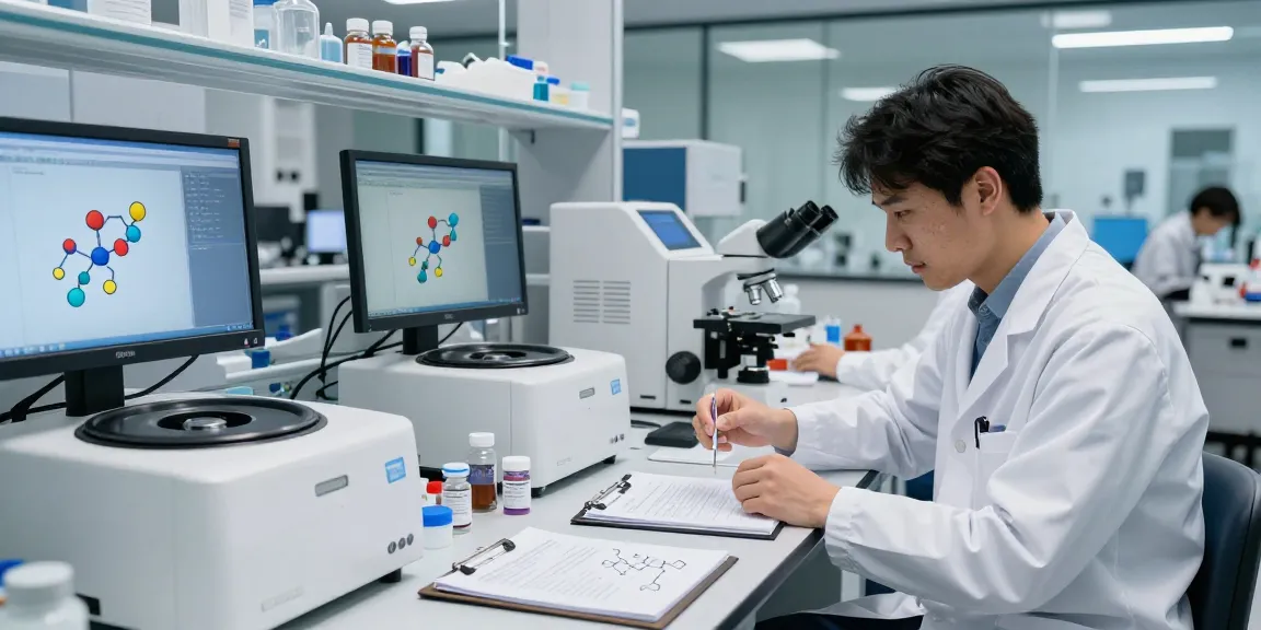 Scientist analyzing American-made research peptides in a modern lab with high-tech equipment.