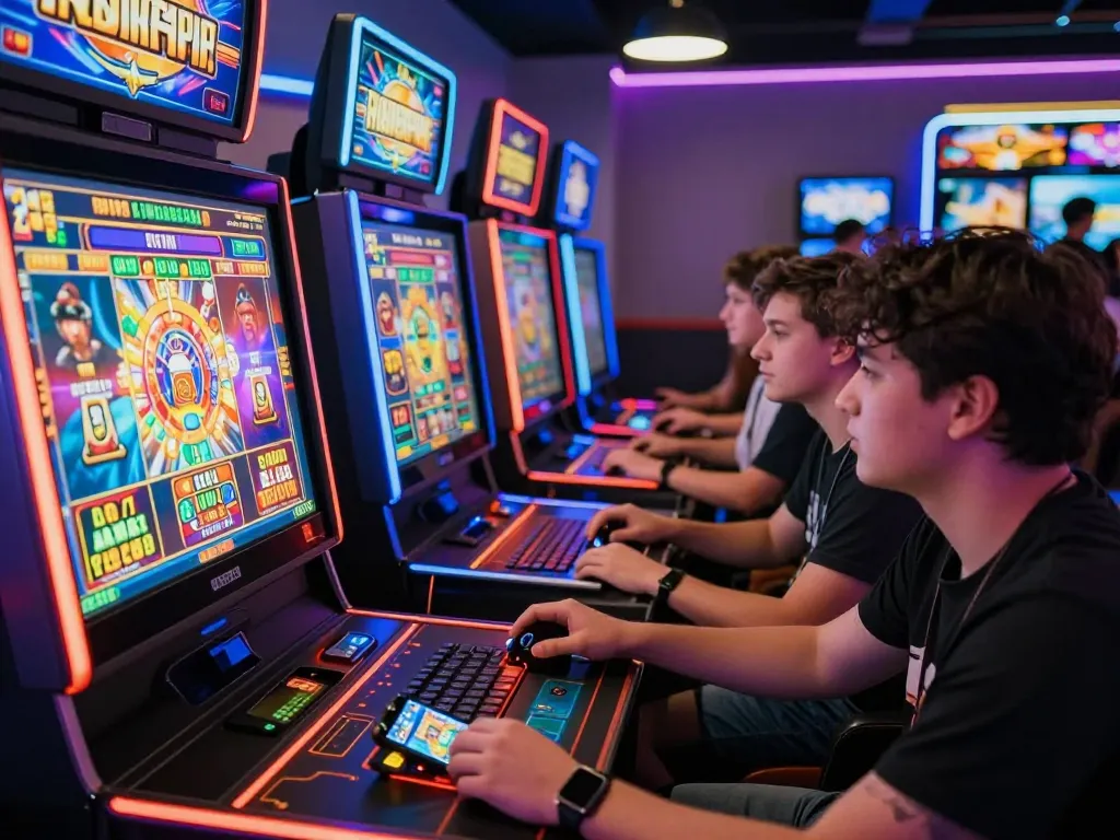 Dynamic scene of BAYITOTO online players at a vibrant 4D slot machine, illustrating excitement and accessibility.