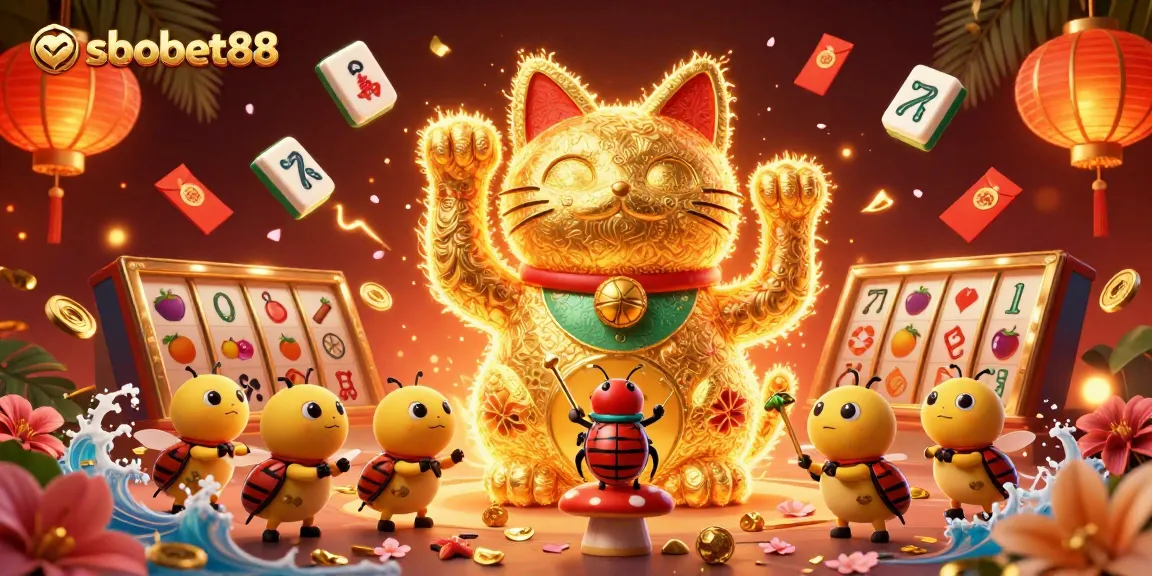Engage with sbobet88 in a vibrant casino scene featuring a lucky cat and dynamic symbols.