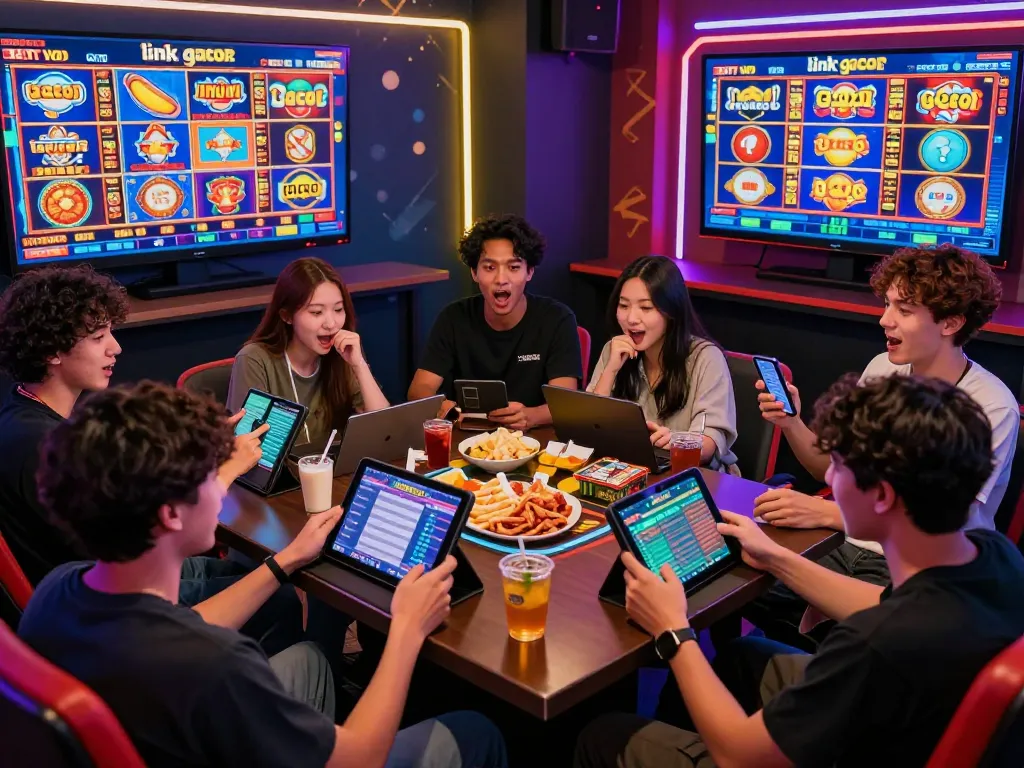 Sebuah adegan bermain yang hidup menampilkan pemain menjelajahi slot link gacor yang sedang tren bersama dalam lingkungan bertema kasino yang energik.
