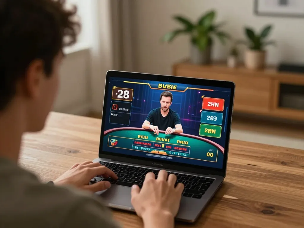 Player engaging with 678vip's live dealer game on laptop, showcasing strategic online gambling.