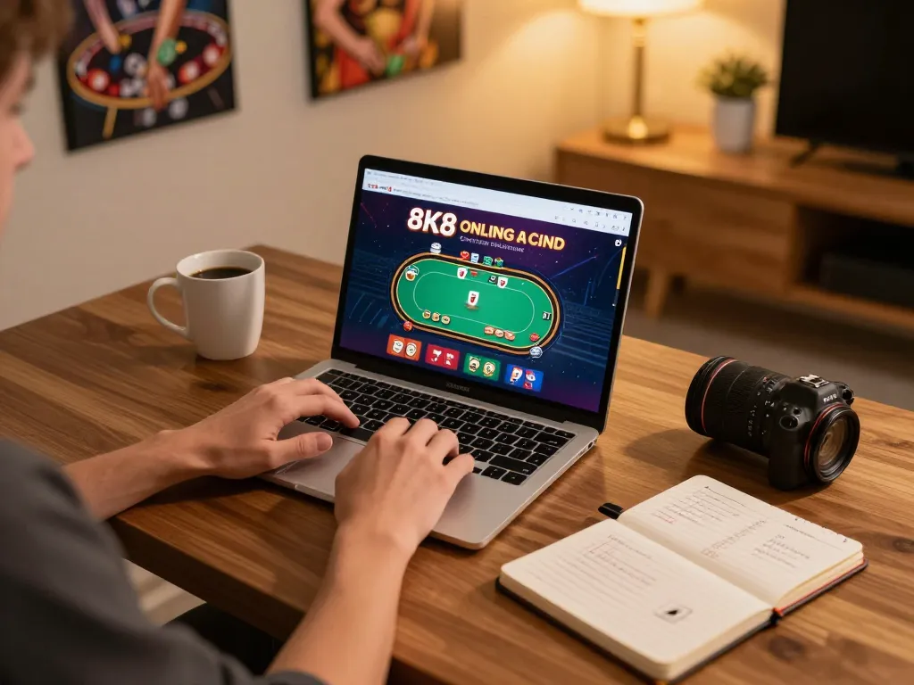 Engaging user playing on the 8K8 online casino with poker interface on laptop in a cozy home setting.