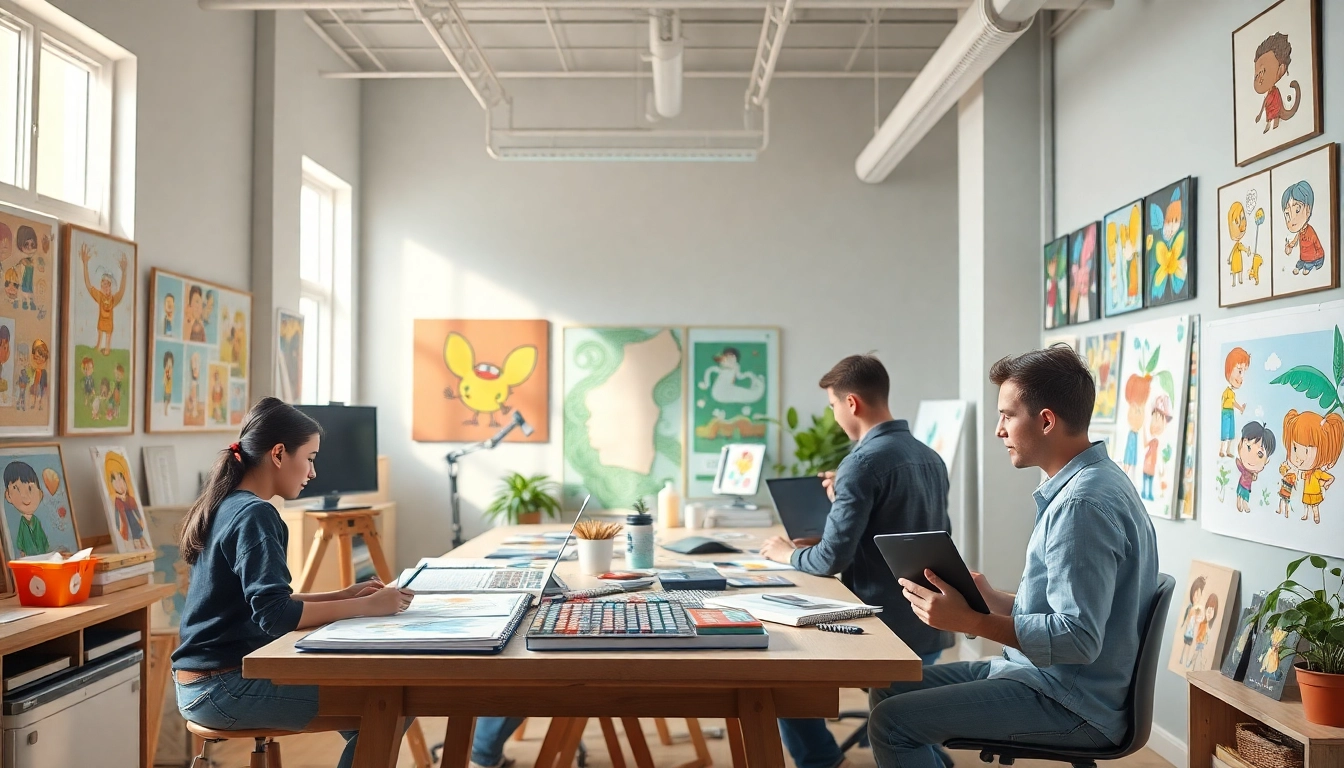 Animationsstudio in einem kreativen Raum mit lebhaften Kunstwerken und Künstlern bei der Arbeit.