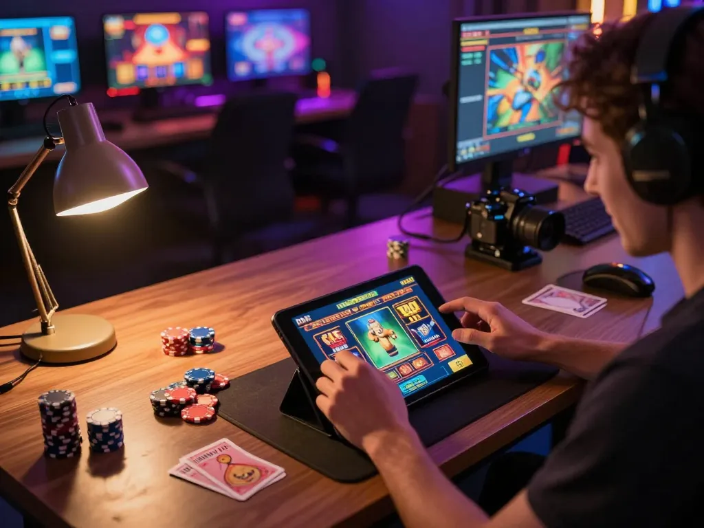 Player enjoying exciting slot games on tablet while immersed in the 92slot online gaming experience with vibrant atmosphere.