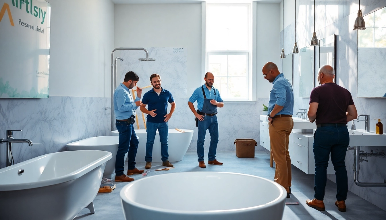 Bathroom remodel contractors collaborating in a modern space with elegant fixtures.