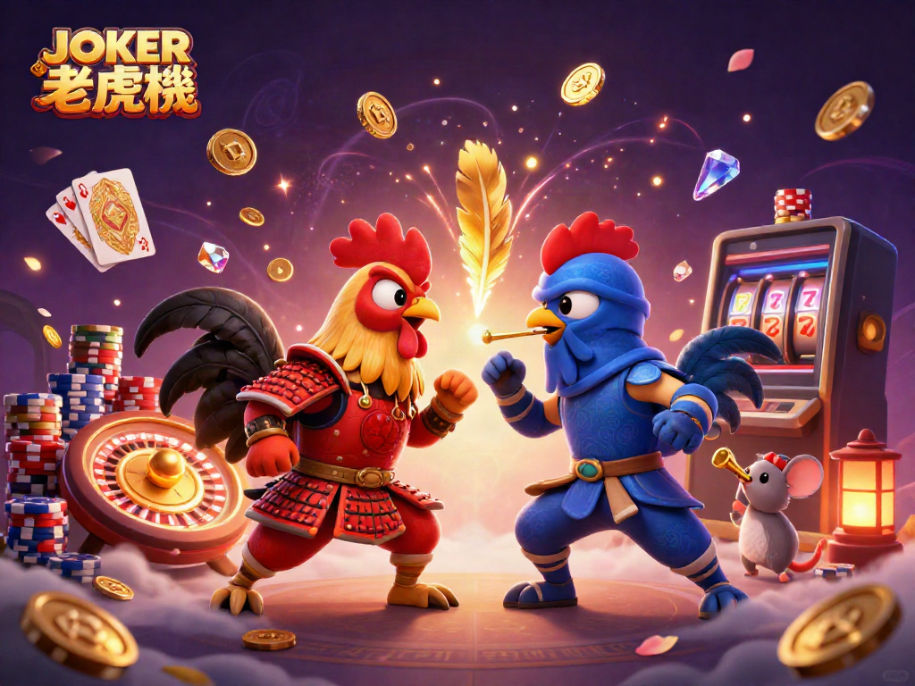 Engage in the thrilling action of JOKER老虎機 with cartoon roosters and dynamic casino elements.