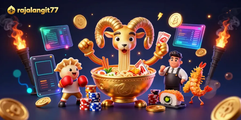 Menang di rajalangit77 dengan karakter kartun 3D dalam ilustrasi kasino penuh warna.