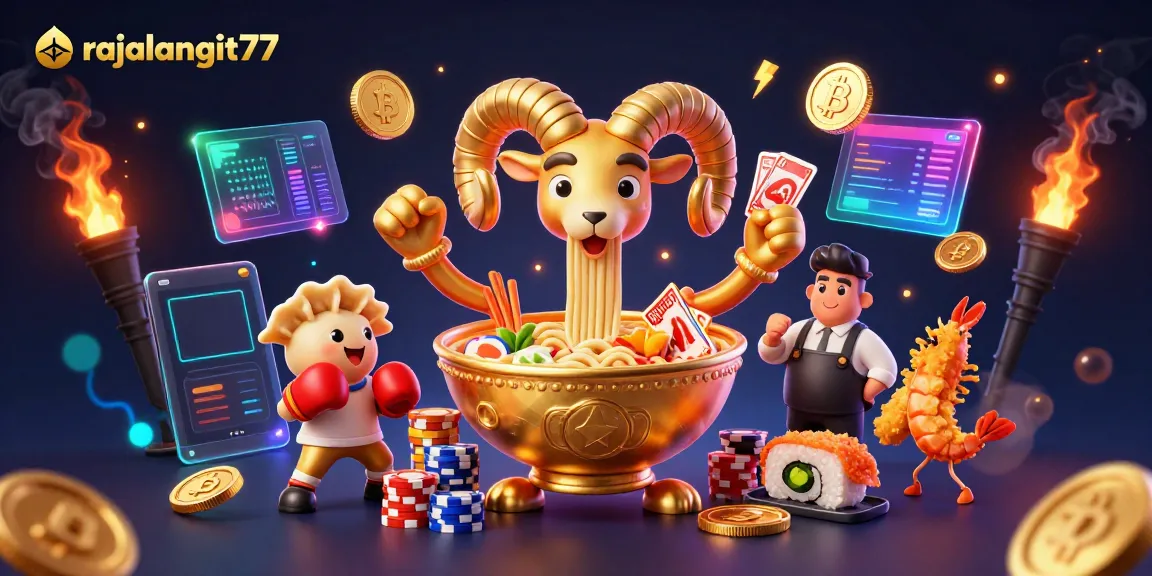 Menang di rajalangit77 dengan karakter kartun 3D dalam ilustrasi kasino penuh warna.
