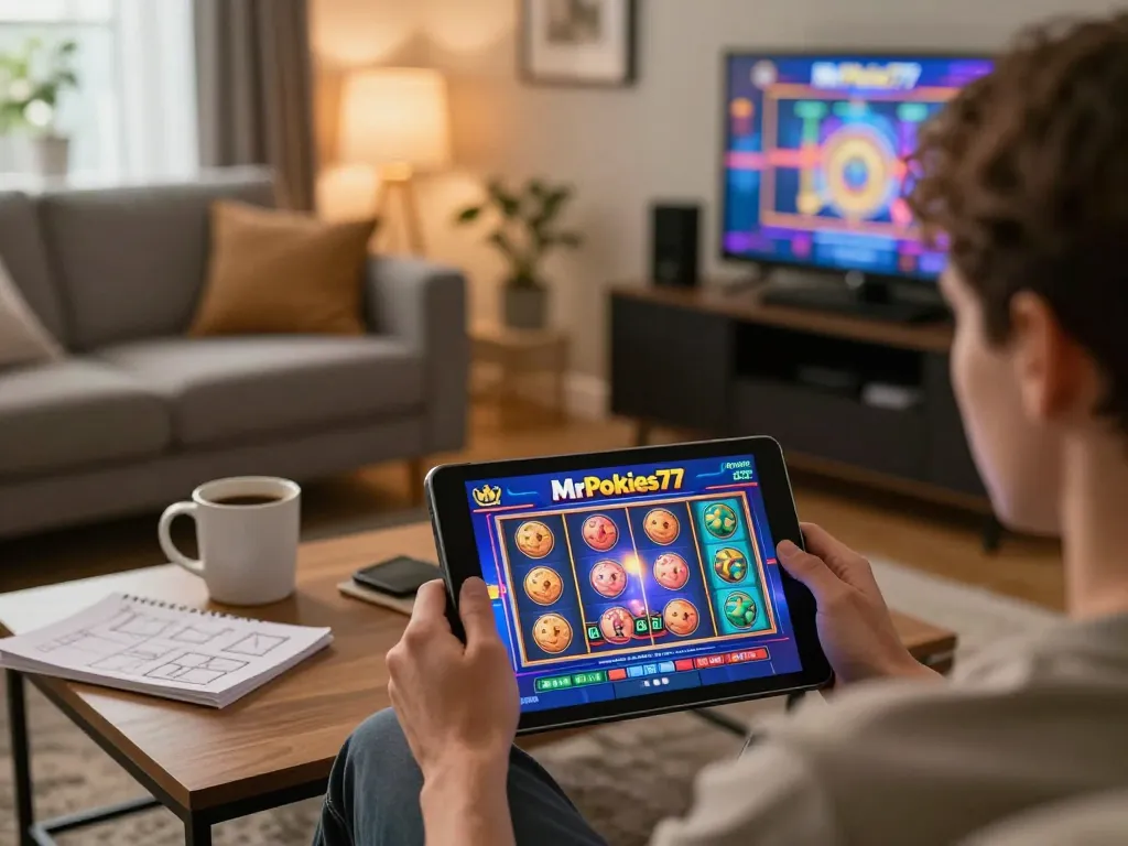 Engaging in exciting gameplay at MrPokies77 with vibrant slot machine graphics on tablet.