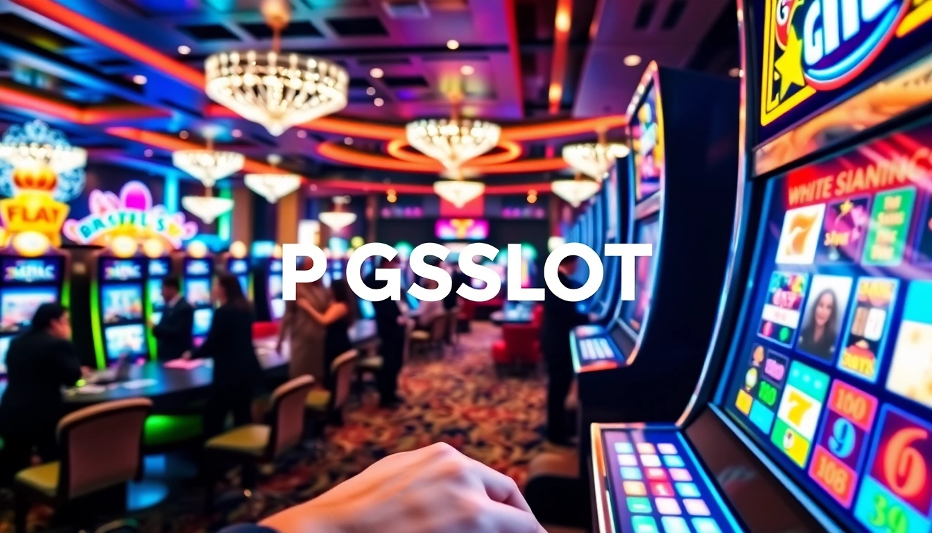 Play PGSLOT games in an exciting casino environment showcasing vibrant slot machines.