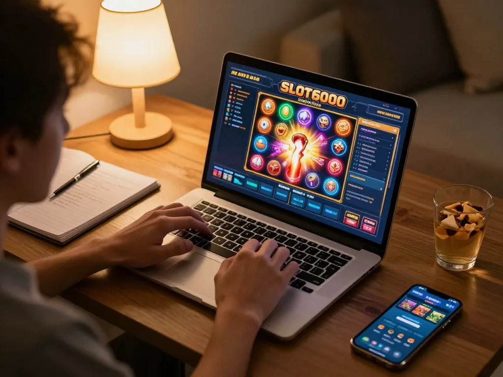 SLOT6000 player engaged in online slot game on laptop with vibrant graphics and cozy atmosphere.