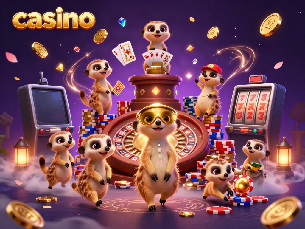Engaging meerkats managing a casino with vibrant slot themes and lively gaming elements.