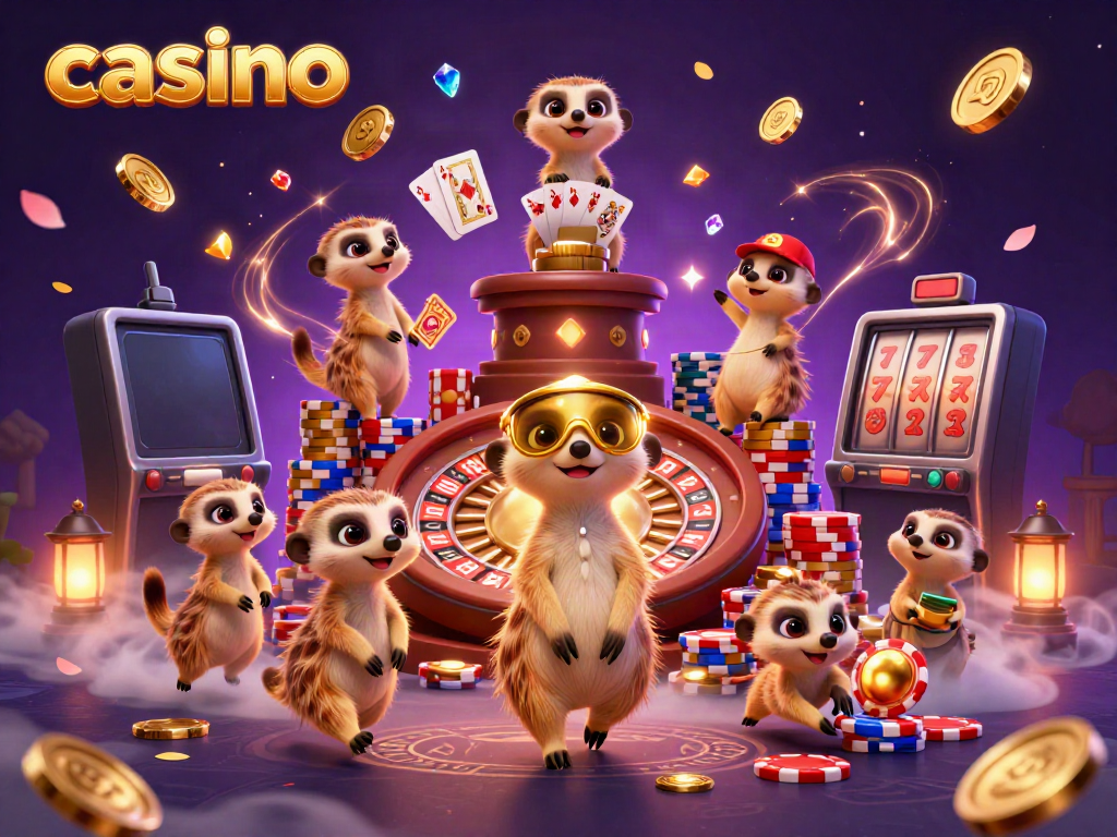 Engaging meerkats managing a casino with vibrant slot themes and lively gaming elements.