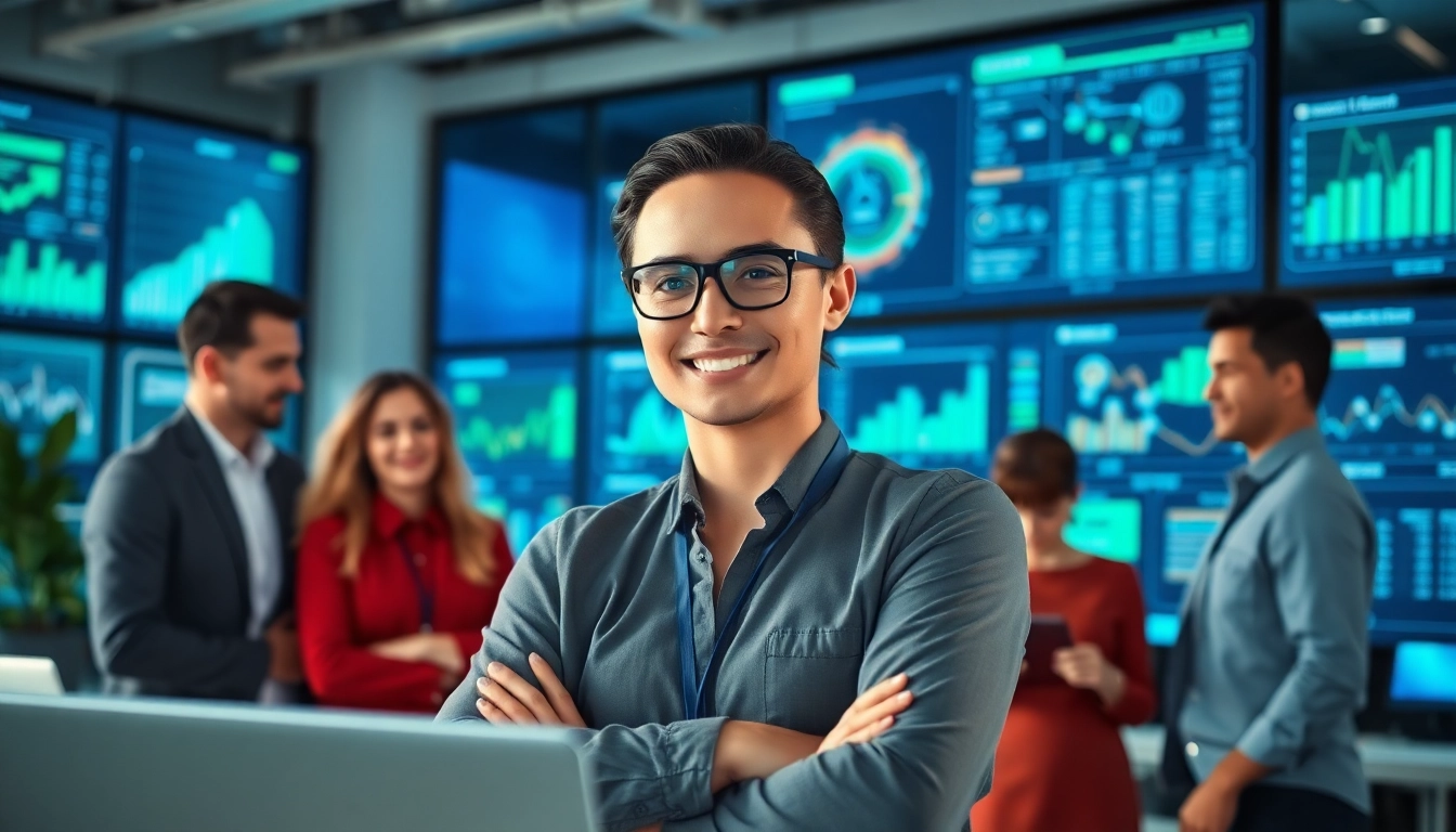 Engaging enterprise assistant collaborating over a digital interface in a vibrant office setting.