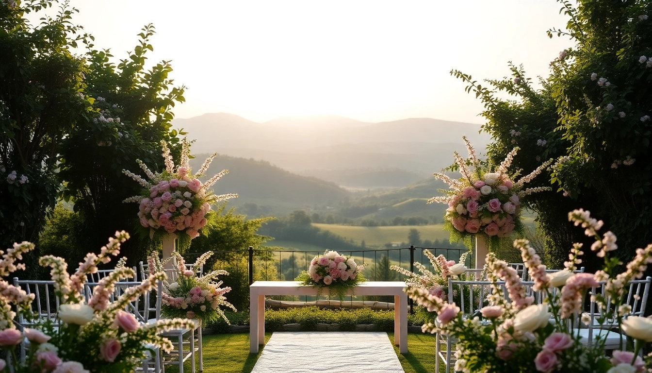 Hochzeit Location mit eleganter Tischdekoration und blühenden Pflanzen im Hintergrund.