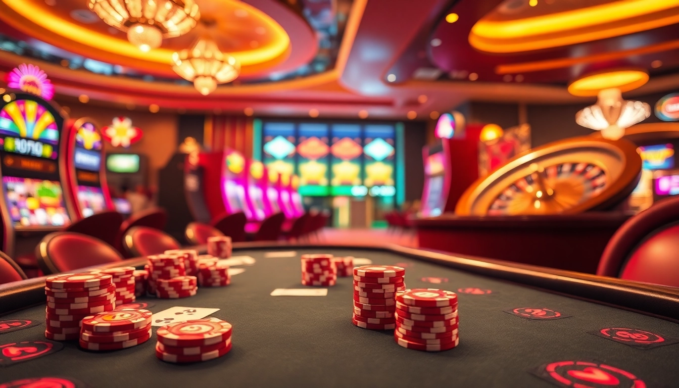NK88-themed casino scene with vibrant poker chips and spinning roulette wheel.