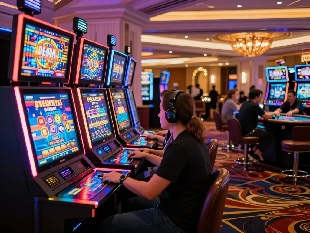 Players engaging with vibrant Go8 slot machines in a lively Vegas casino atmosphere.