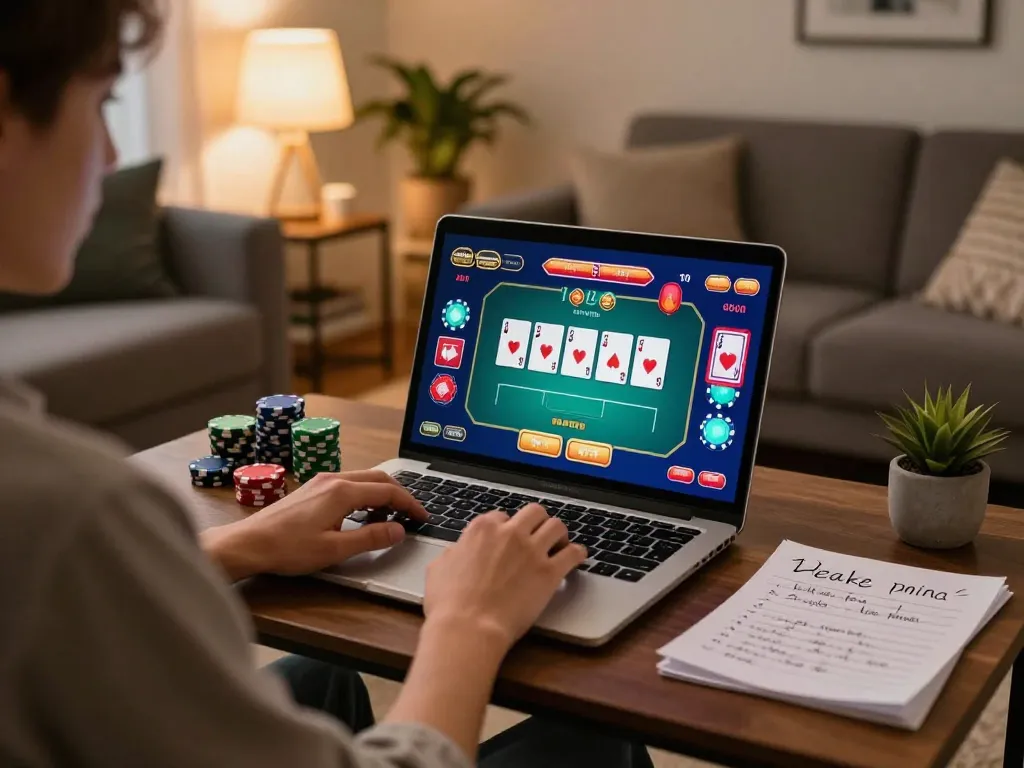 MAX88 online gaming session highlighting strategic poker gameplay in a relaxed home environment.