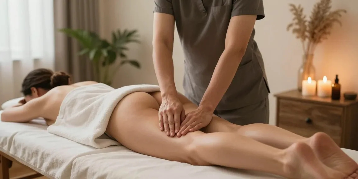 스웨디시 마사지가 진행되는 아늑한 치료실, 편안한 조명과 자연 요소로 평화로운 분위기 연출