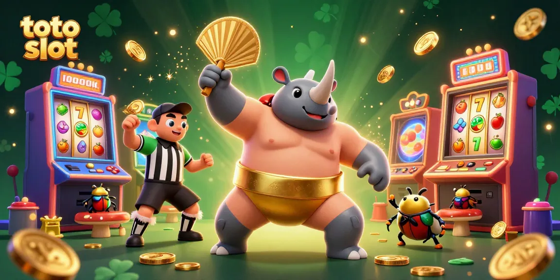 Experience the thrill of toto slot with a 3D beetle sumo champion surrounded by golden coins and slot machine action.