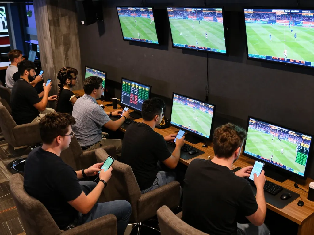 Fans actively placing bets using fabet app during live sports event in a vibrant betting lounge