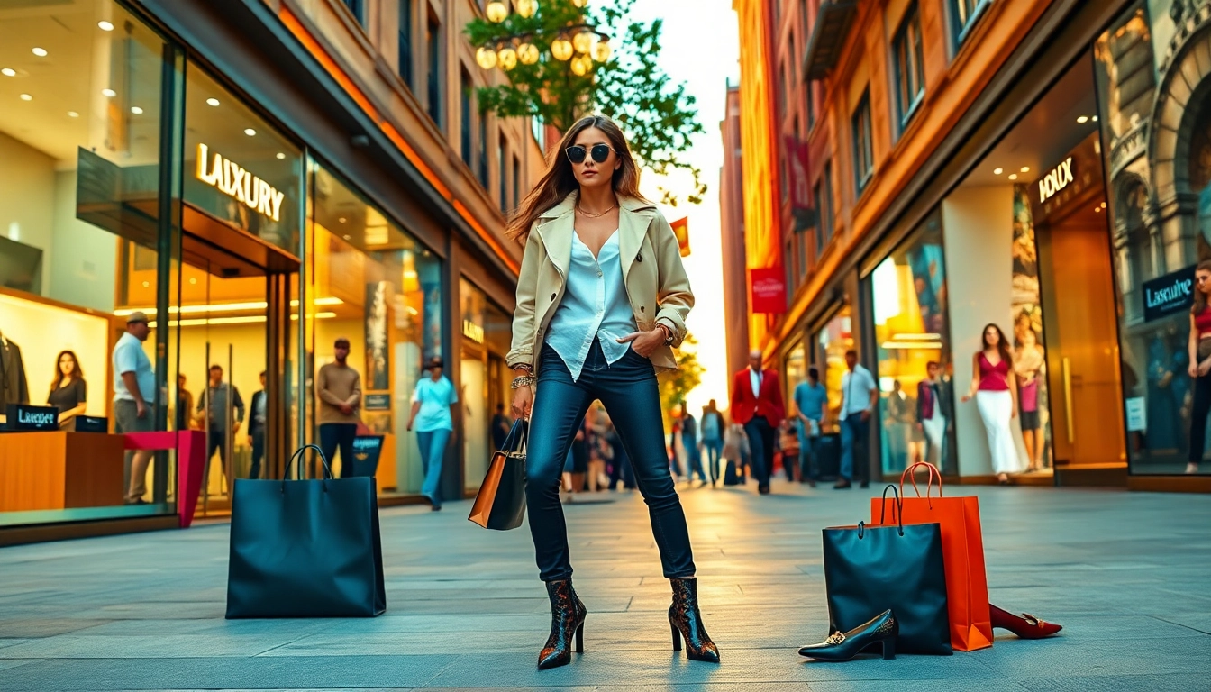 Shop and buy designer apparel online with stylish model in urban setting.