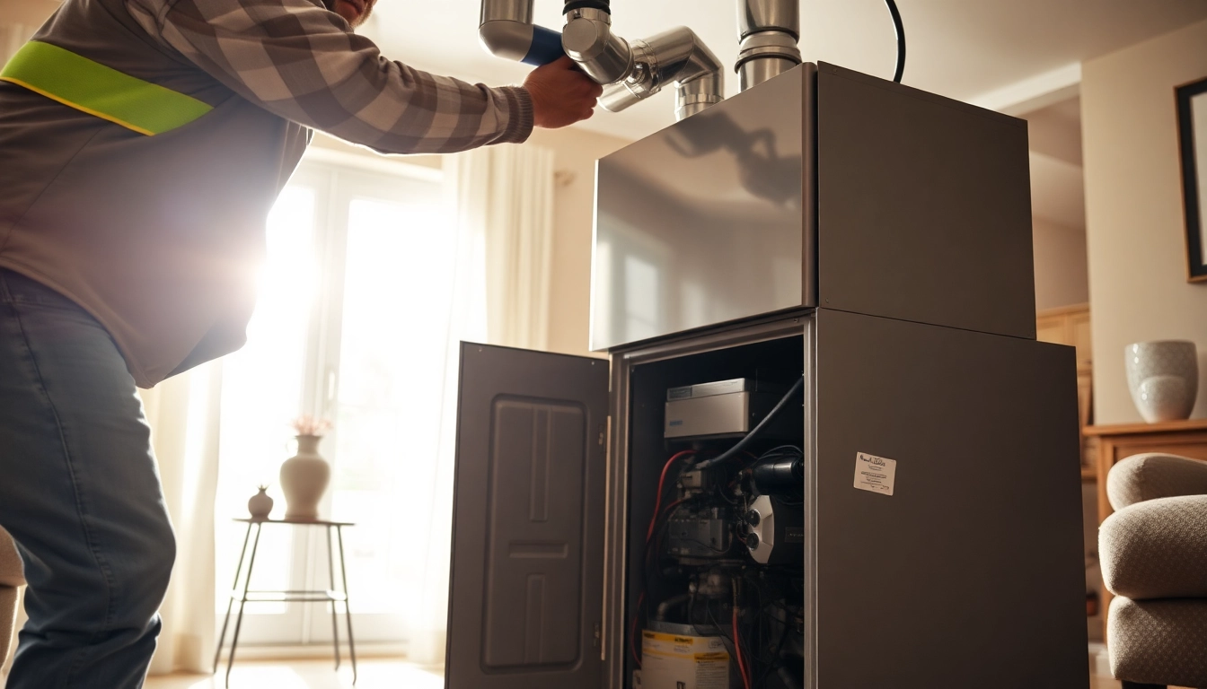 Technician executing furnace installation st. paul in a bright, cozy living room.