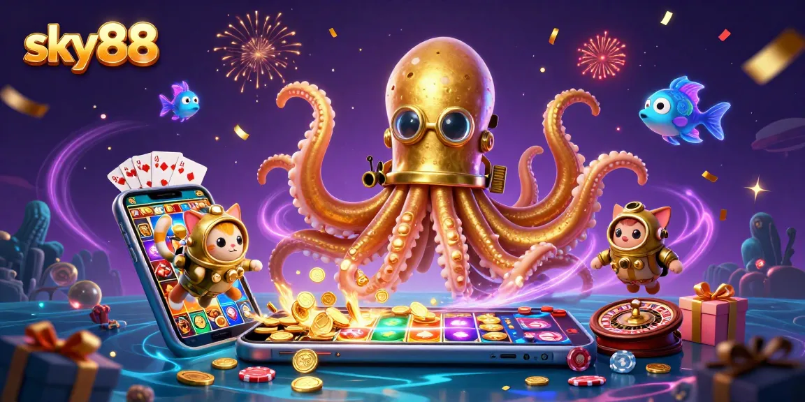 Experience thrilling adventures at sky88, featuring a delightful kraken, diving cat, and slot game excitement.