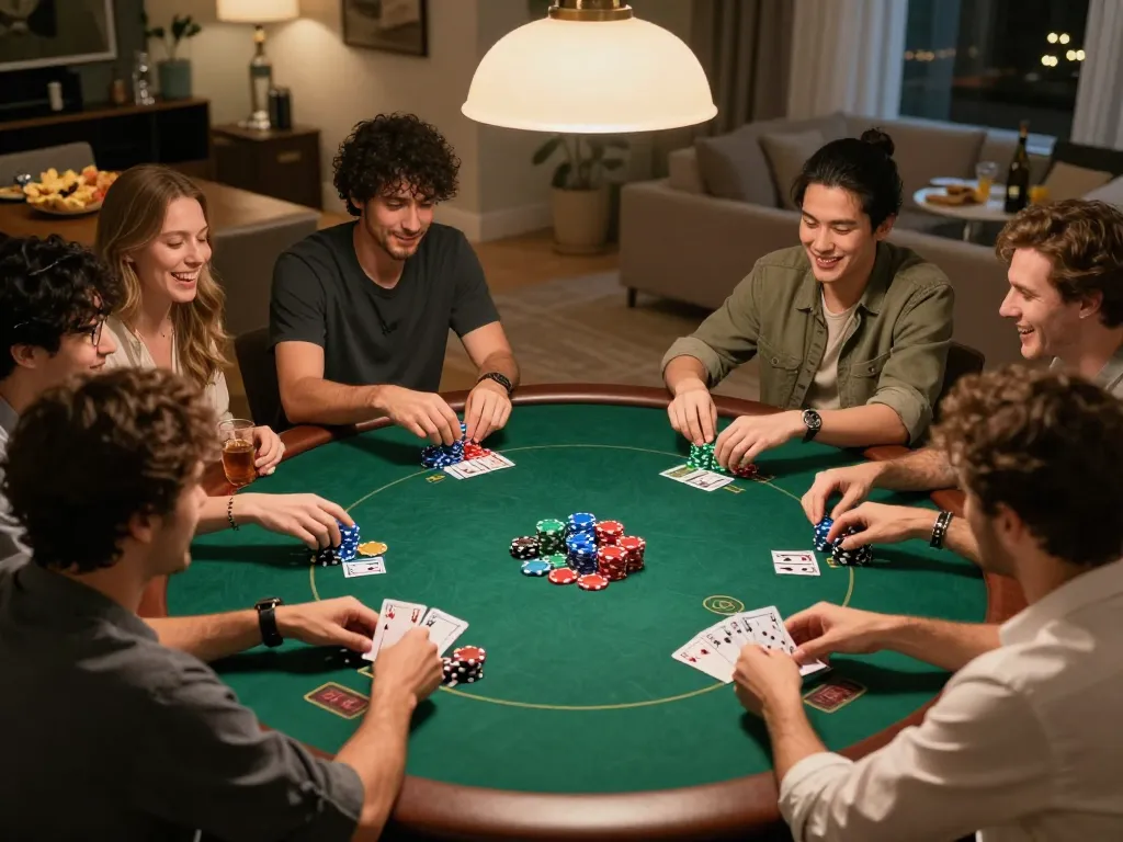 Friends engaging in a lively poker game at home while using KKWIN for an exciting gambling experience.