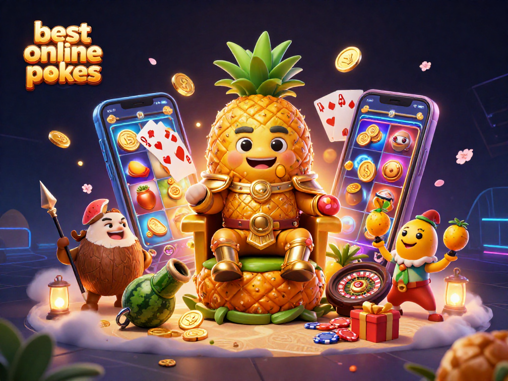 Spin colorful best online pokies with the pineapple king and his entourage in a vibrant casino setting.