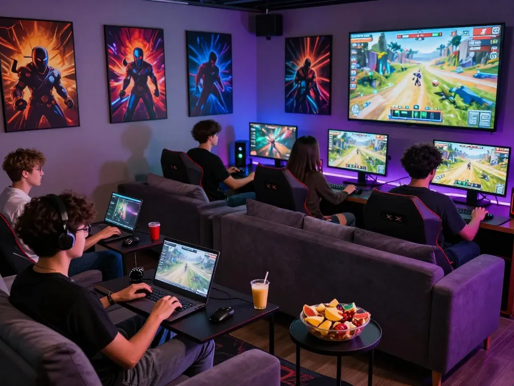A lively lounge with diverse players enjoying xxx games on laptops and tablets, colorful LED lighting enhancing the gaming atmosphere.