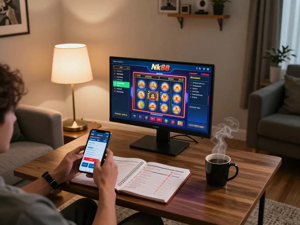 Player enjoying Nk88 online slots in a cozy home gaming setup with warm lighting.