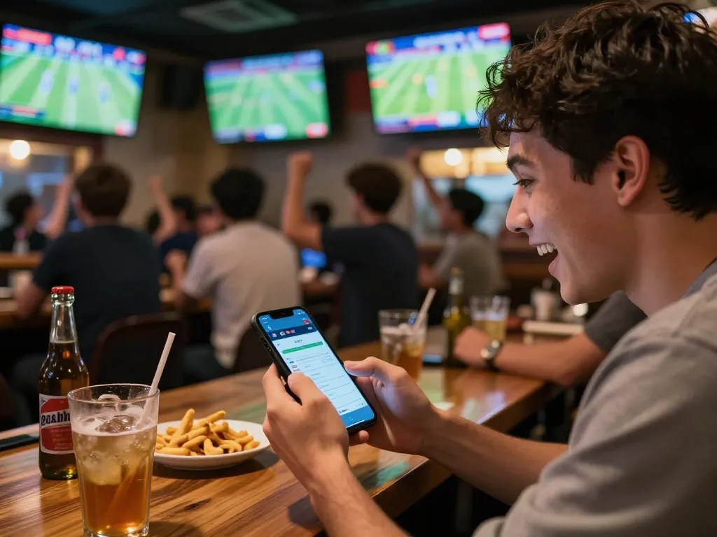 Engaging in sports betting with real-time ty le keo truc tuyen updates on smartphone in sports bar.