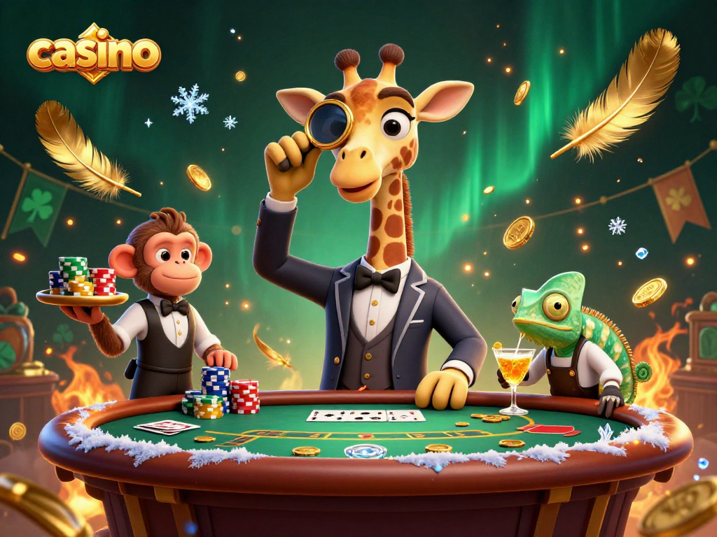 Engage in a vibrant casino scene featuring a high-roller giraffe, poker action, and golden elements