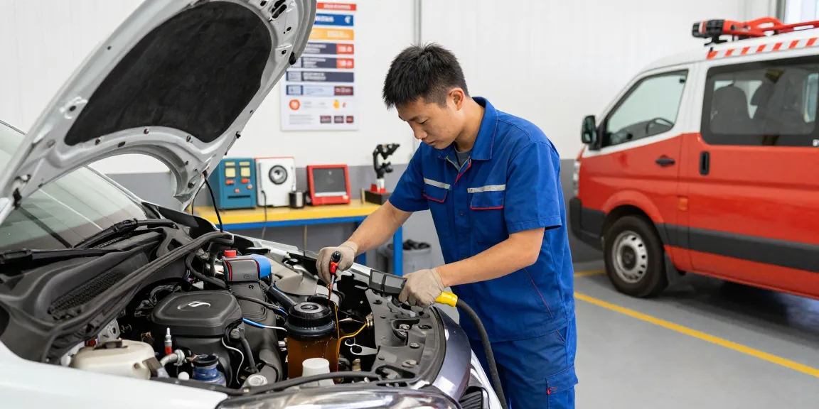 Mechanic repairing a car with diesel in petrol car issue in a professional garage.