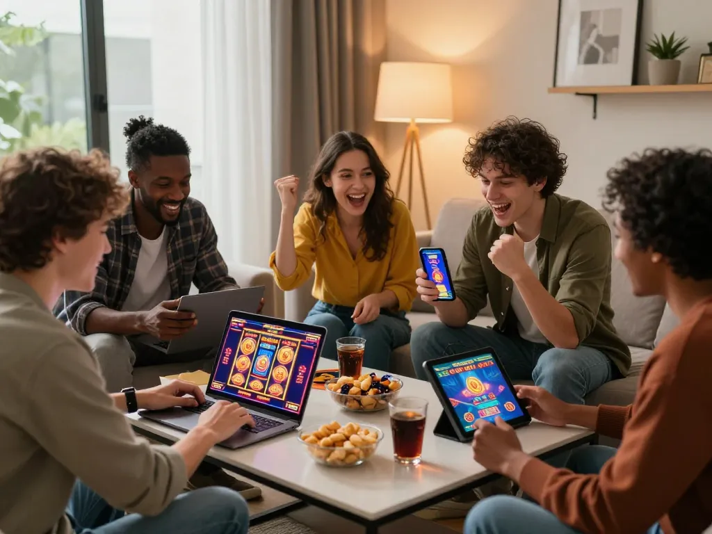 Group enjoying online gaming with ligasedayu, vibrant atmosphere, modern living room.
