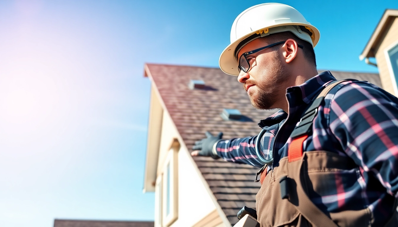 Roofing contractor assessing rooftop conditions with attention to detail and professionalism.