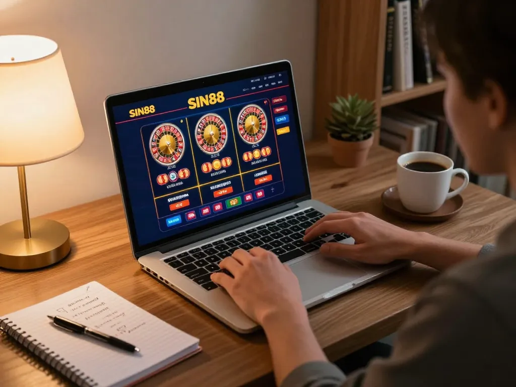 SIN88 player engaged in online gambling from cozy home setup with laptop and gaming notes.