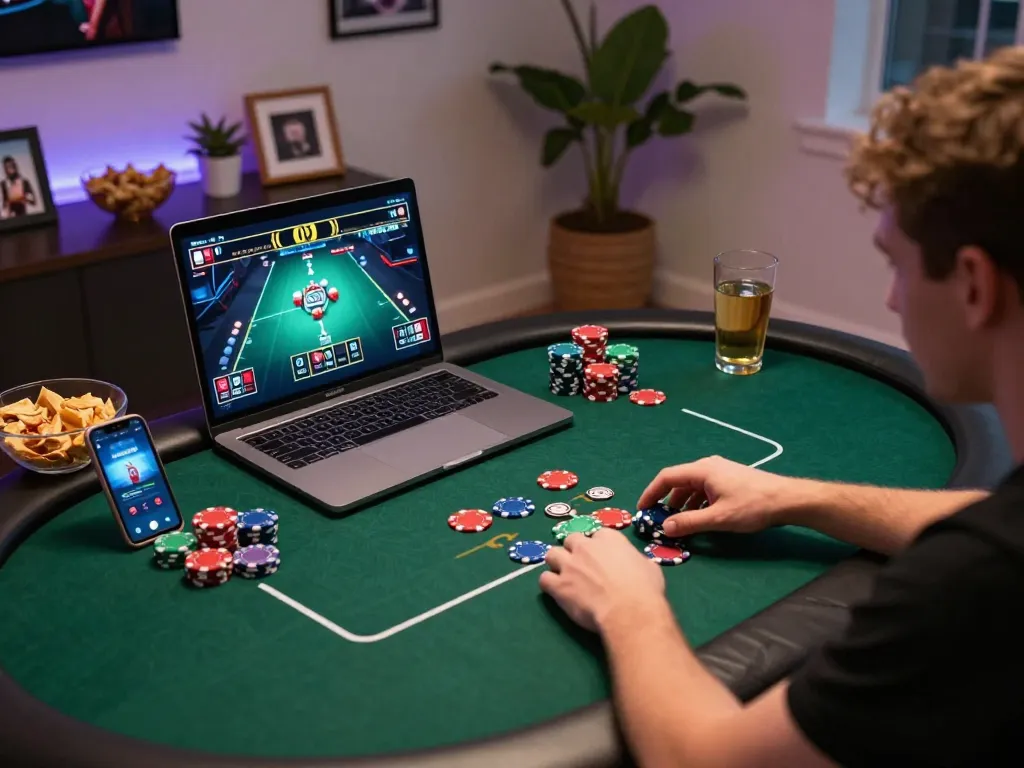 Player enjoying a thrilling online poker game at dn88 with vibrant poker chips on table.
