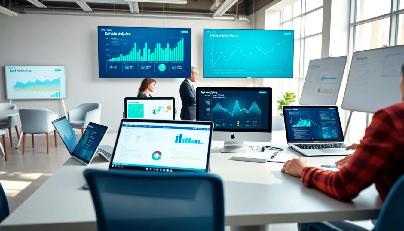 Engaging visual of professionals collaborating on enterprise search solutions in a modern office environment.