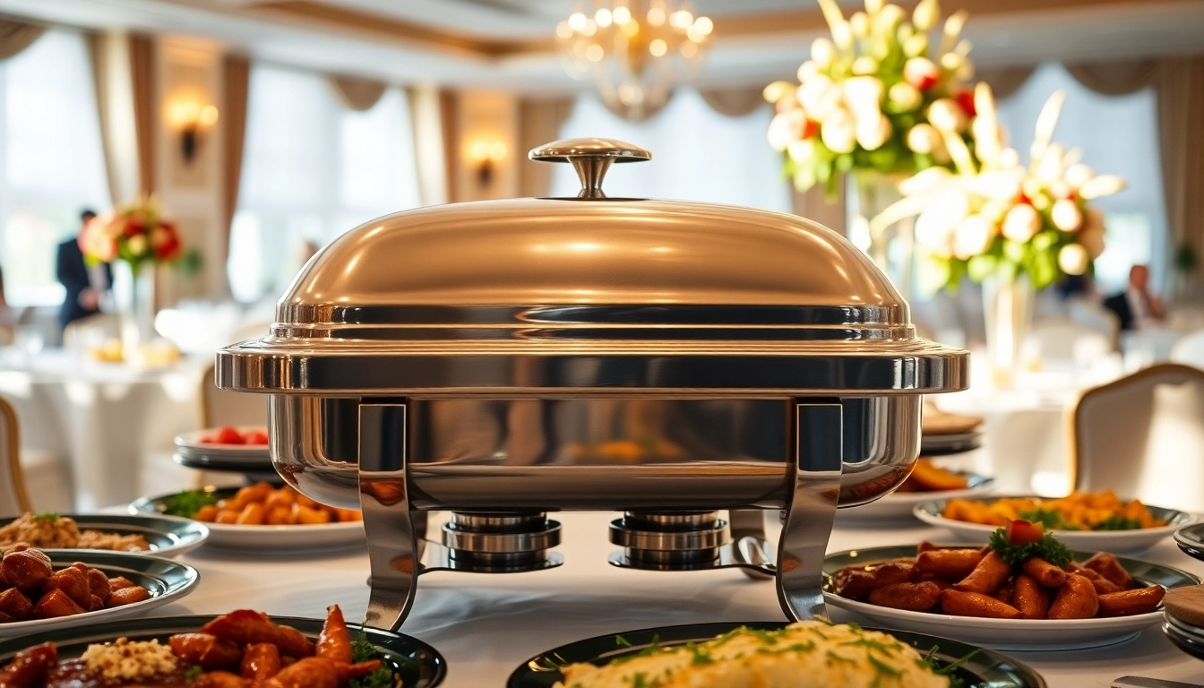 Display of a chafing dish elegantly set on a banquet table showcasing delicious foods.