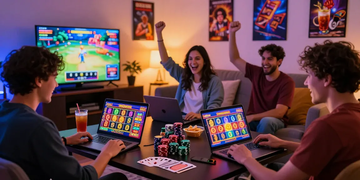 Excited players enjoying slot gacor games at home, surrounded by gaming elements and vibrant atmosphere.