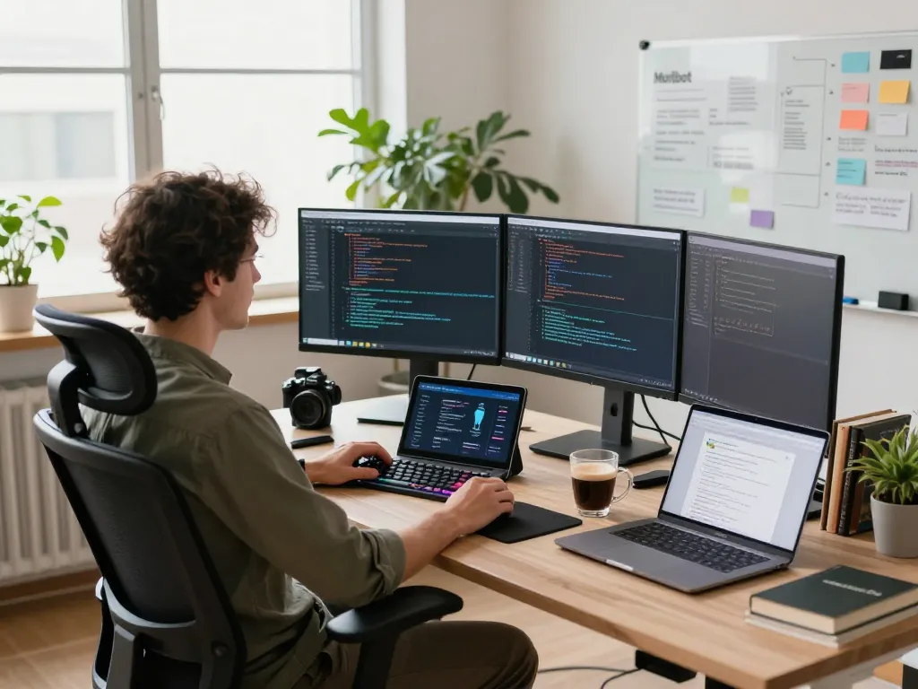 Dynamic workspace featuring a developer using a molt bot interface on multiple monitors with vibrant coding elements