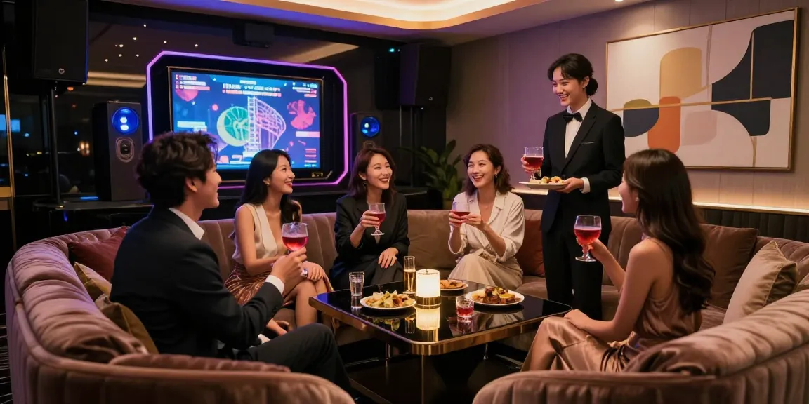 강남쩜오의 고급스러운 노래방에서 친구들과 함께 즐거운 시간을 보내는 모습, 투명한 주대와 친절한 응대가 돋보이는 분위기입니다.