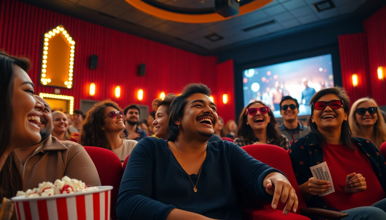 Enjoy the experience of ดูหนัง with people at a colorful movie theater, filled with laughter and excitement.