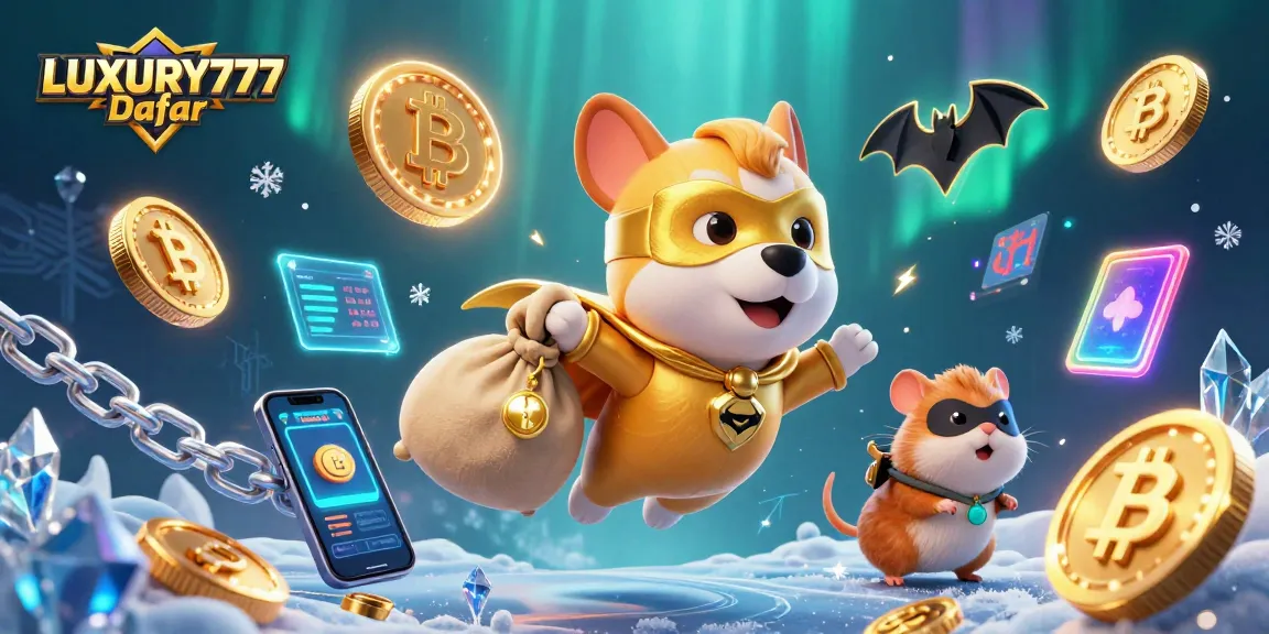 LUXURY777 Daftar menampilkan karakter anjing superhero berkilau dan koin emas dalam aksi kasino yang memperlihatkan kemenangan